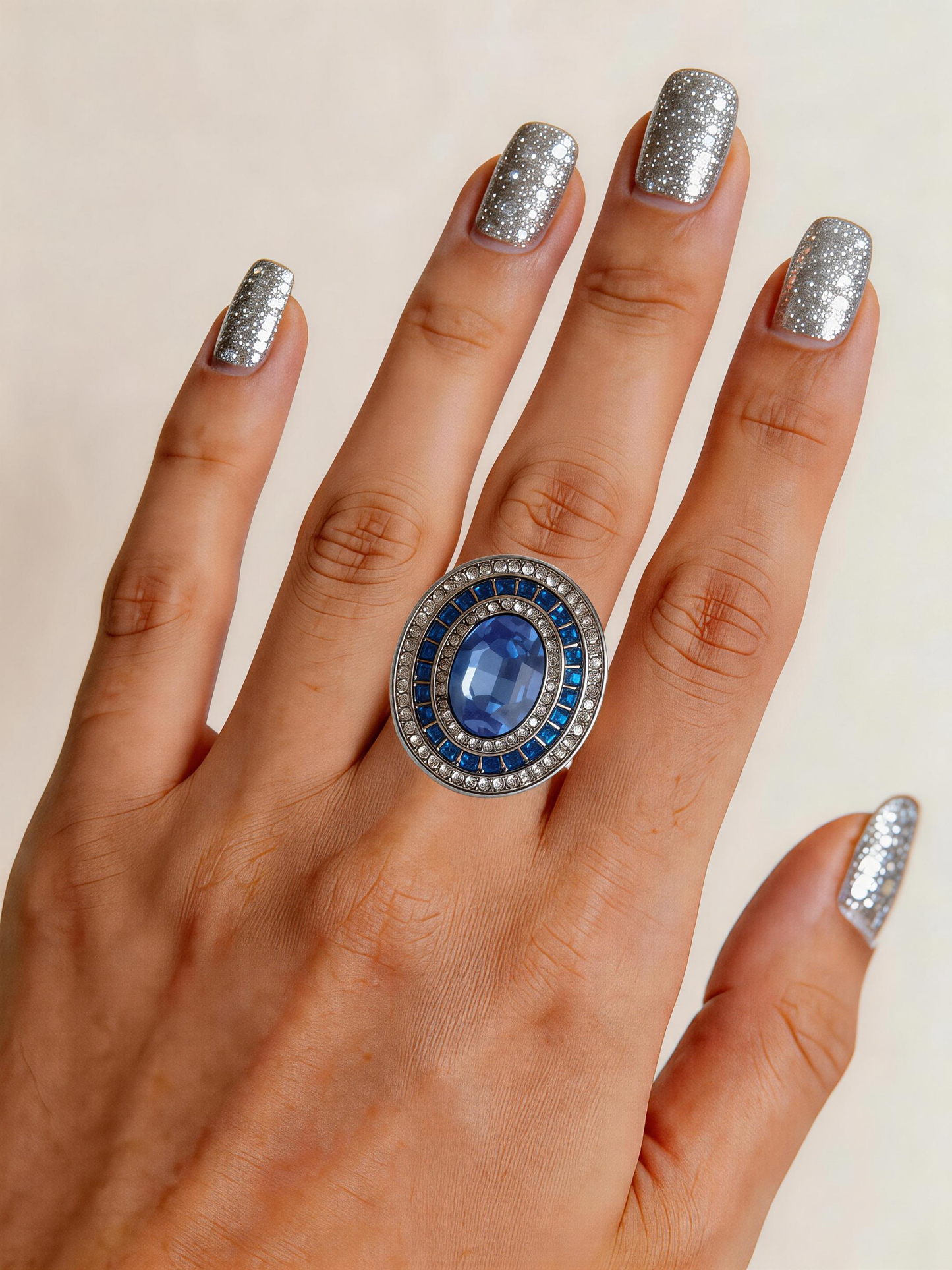 Adjustable Vintage Cocktail Ring with Oval Blue Sapphire & Multi-Layer Paved CZ Halo