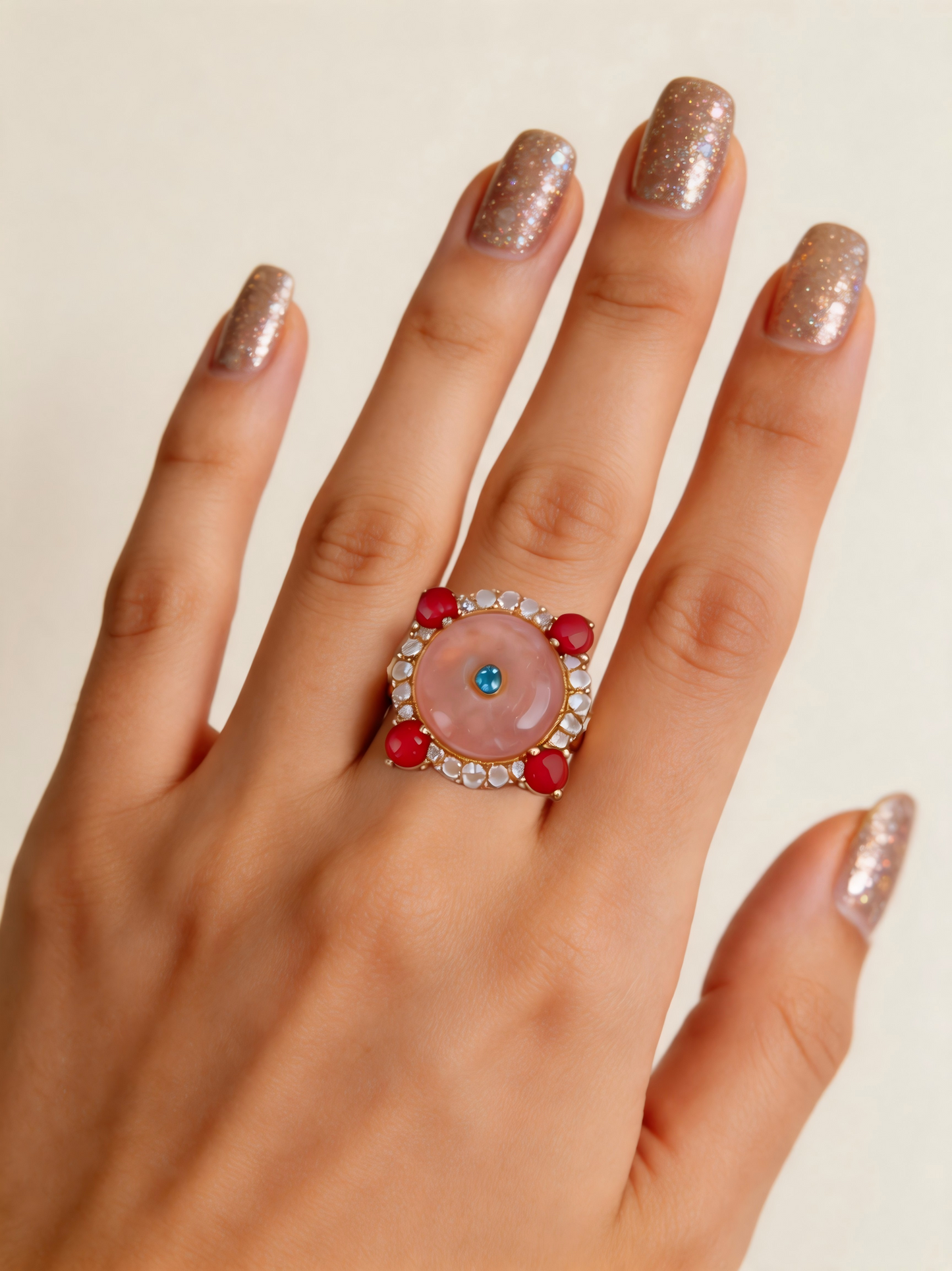 Adjustable Vintage Cocktail Ring with Pink Chalcedony & Magenta Stones