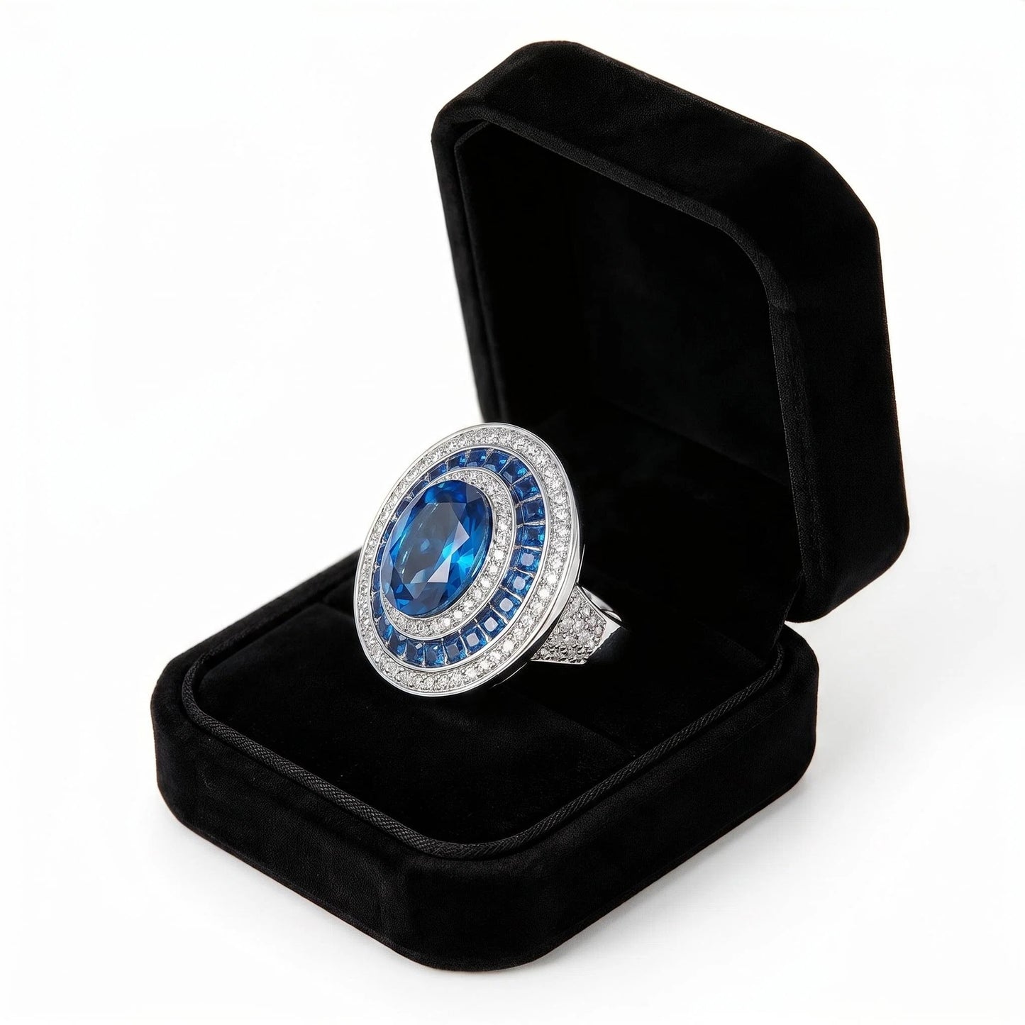 Adjustable Vintage Cocktail Ring with Oval Blue Sapphire & Multi-Layer Paved CZ Halo