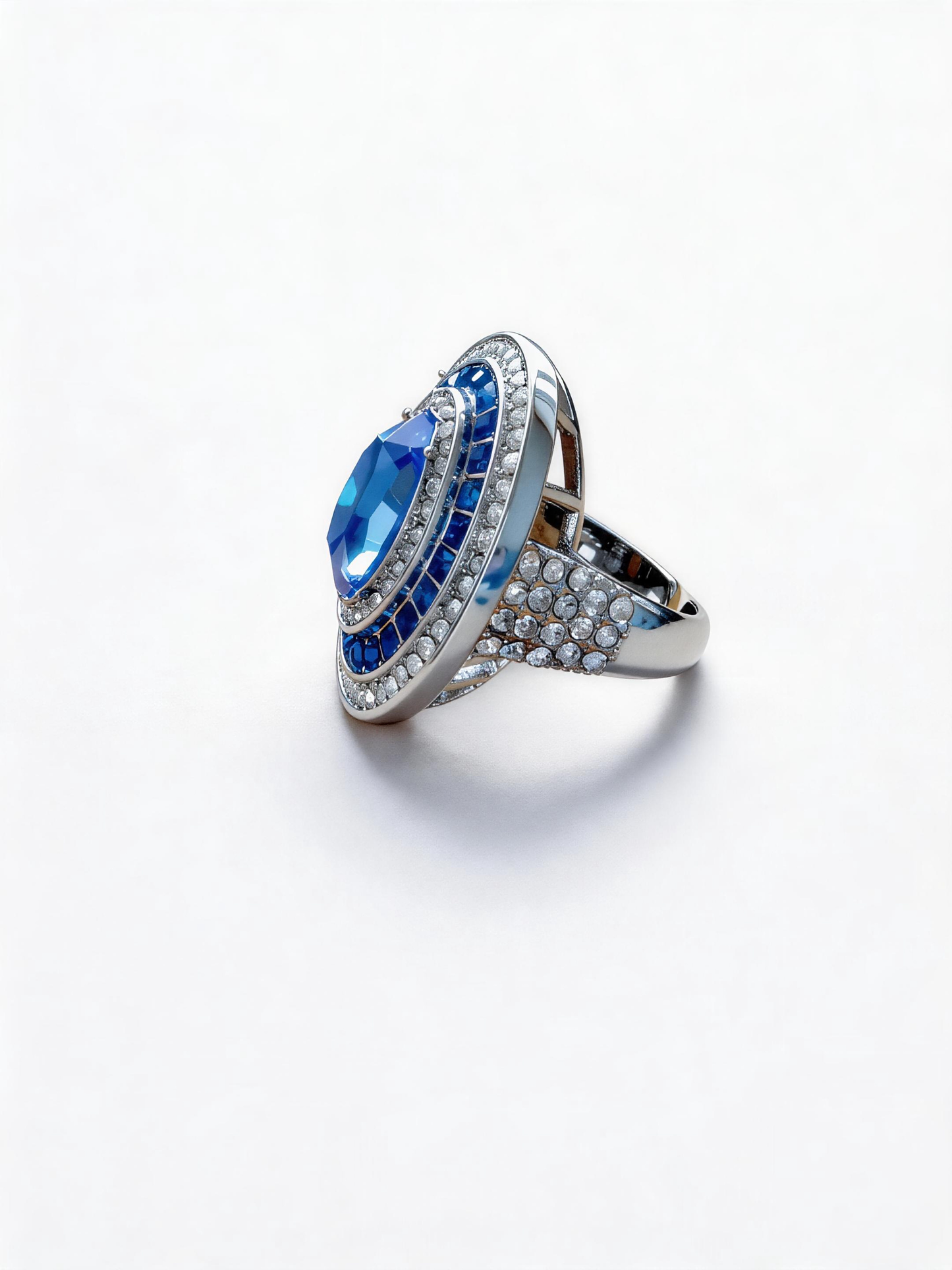 Adjustable Vintage Cocktail Ring with Oval Blue Sapphire & Multi-Layer Paved CZ Halo