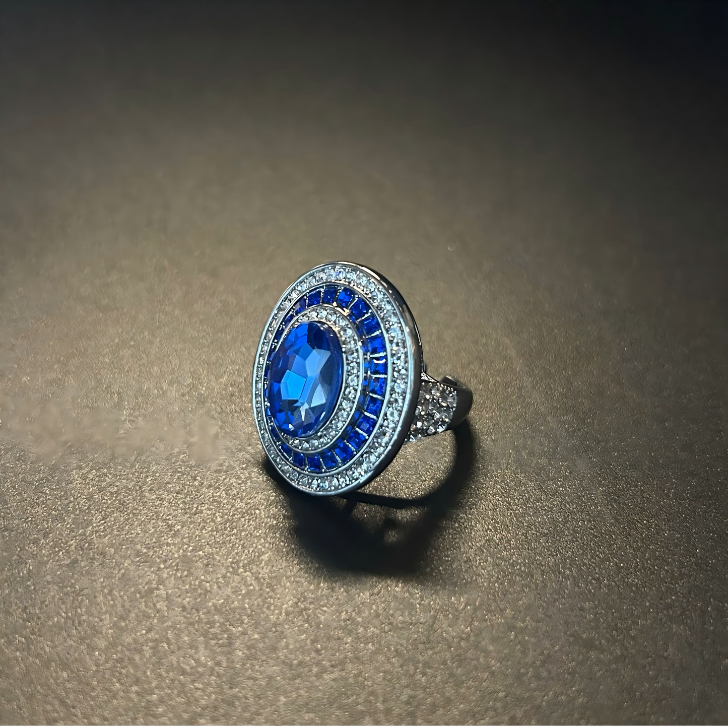 Adjustable Vintage Cocktail Ring with Oval Blue Sapphire & Multi-Layer Paved CZ Halo