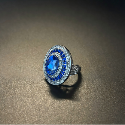 Adjustable Vintage Cocktail Ring with Oval Blue Sapphire & Multi-Layer Paved CZ Halo