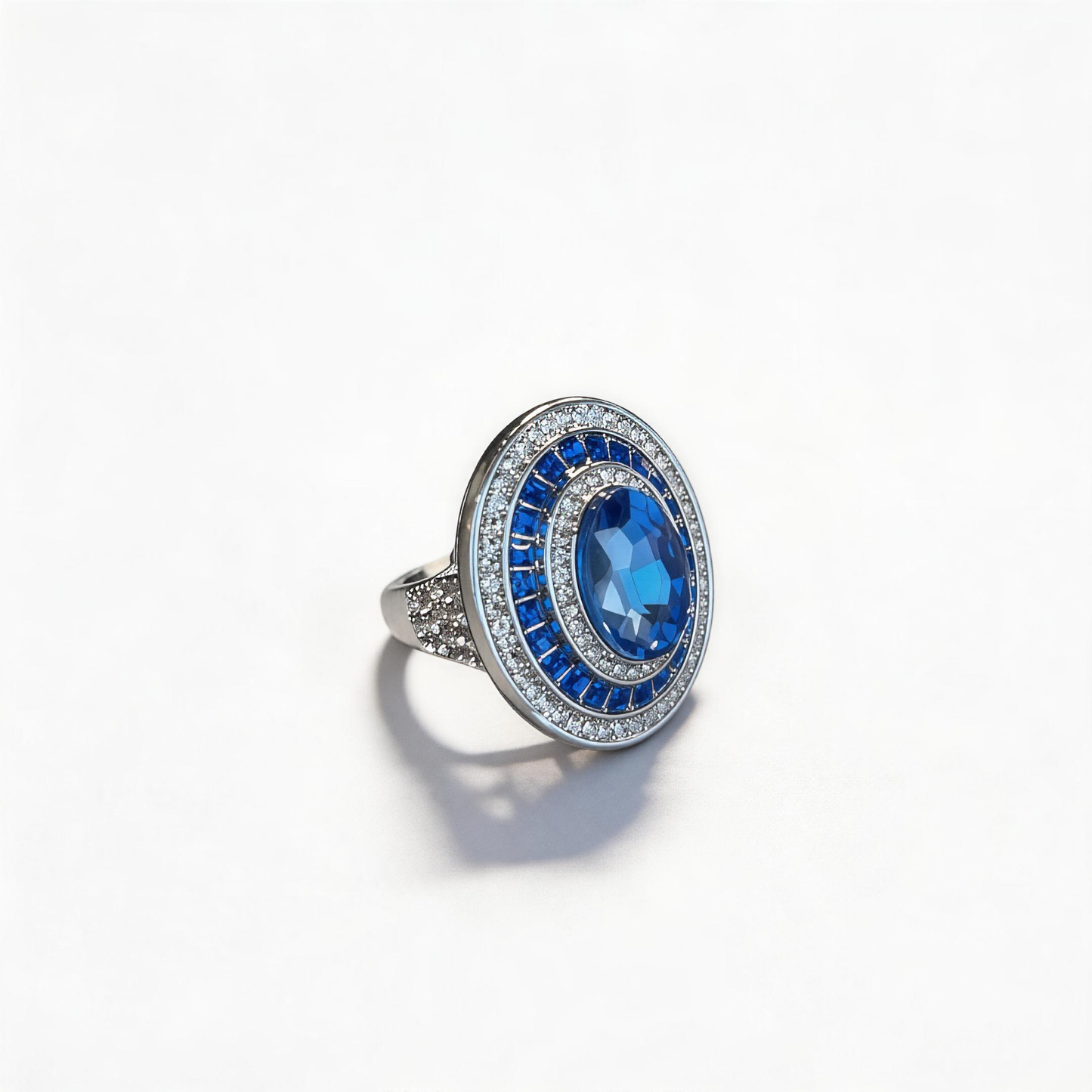 Adjustable Vintage Cocktail Ring with Oval Blue Sapphire & Multi-Layer Paved CZ Halo