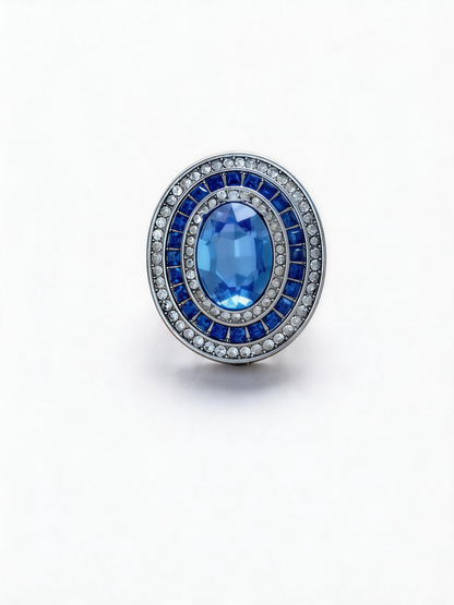 Adjustable Vintage Cocktail Ring with Oval Blue Sapphire & Multi-Layer Paved CZ Halo