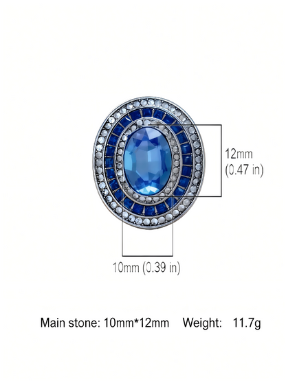 Adjustable Vintage Cocktail Ring with Oval Blue Sapphire & Multi-Layer Paved CZ Halo