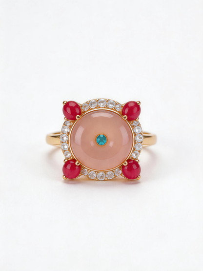 Adjustable Vintage Cocktail Ring with Pink Chalcedony & Magenta Stones