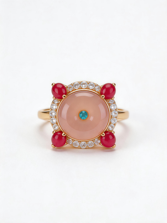 Adjustable Vintage Cocktail Ring with Pink Chalcedony & Magenta Stones