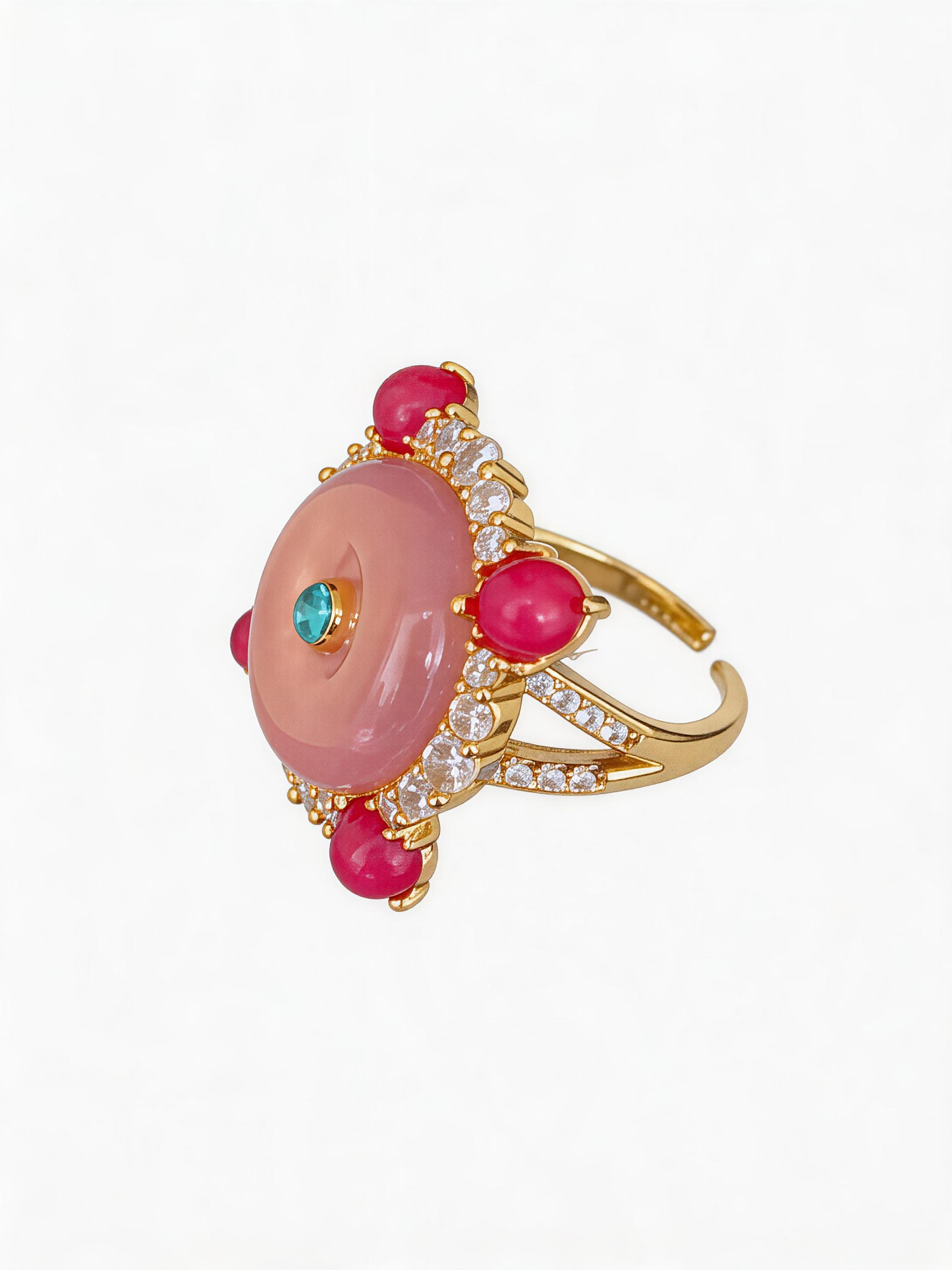 Adjustable Vintage Cocktail Ring with Pink Chalcedony & Magenta Stones