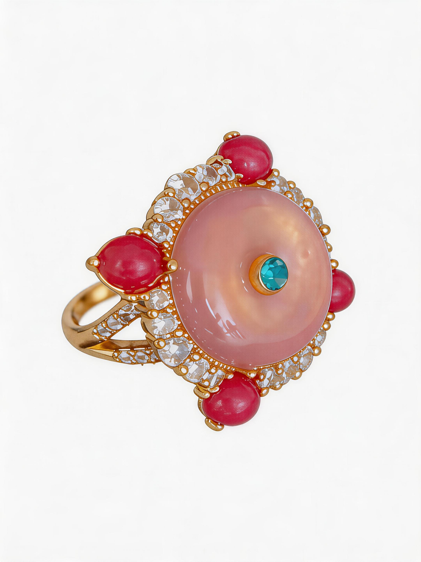 Adjustable Vintage Cocktail Ring with Pink Chalcedony & Magenta Stones