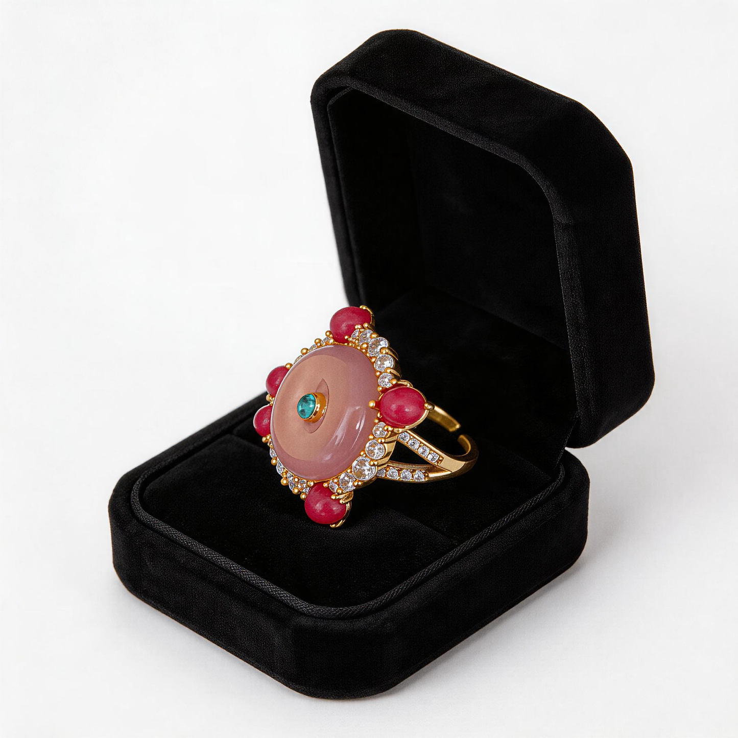 Adjustable Vintage Cocktail Ring with Pink Chalcedony & Magenta Stones