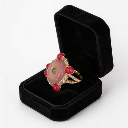 Adjustable Vintage Cocktail Ring with Pink Chalcedony & Magenta Stones